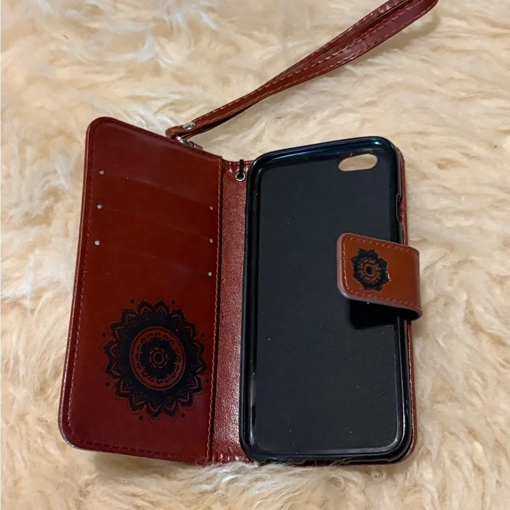 Brown Leather Embossed Mandala Phone Wallet Case